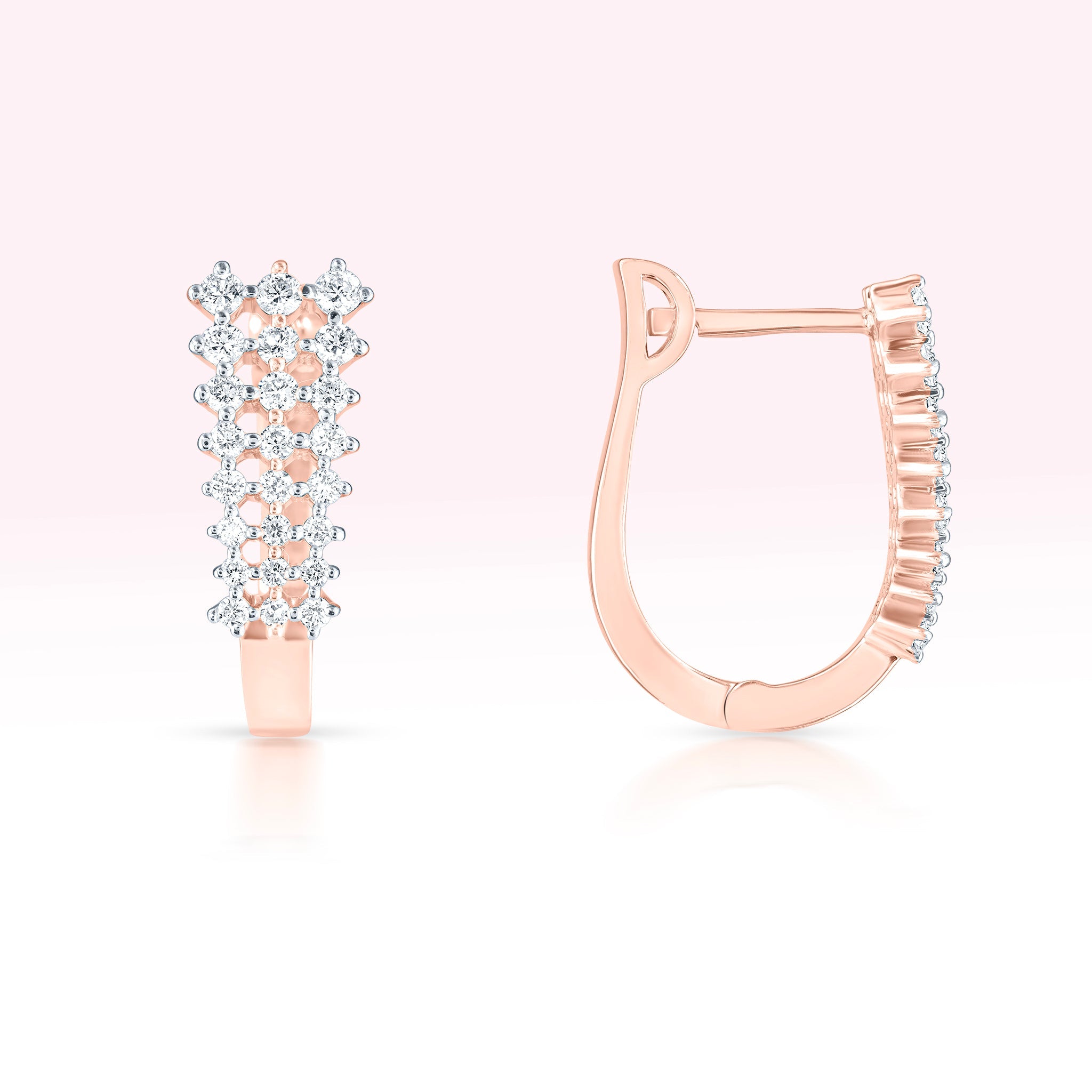 14K Rose Gold Three Line Diamond Hoop Earrings - Thessia