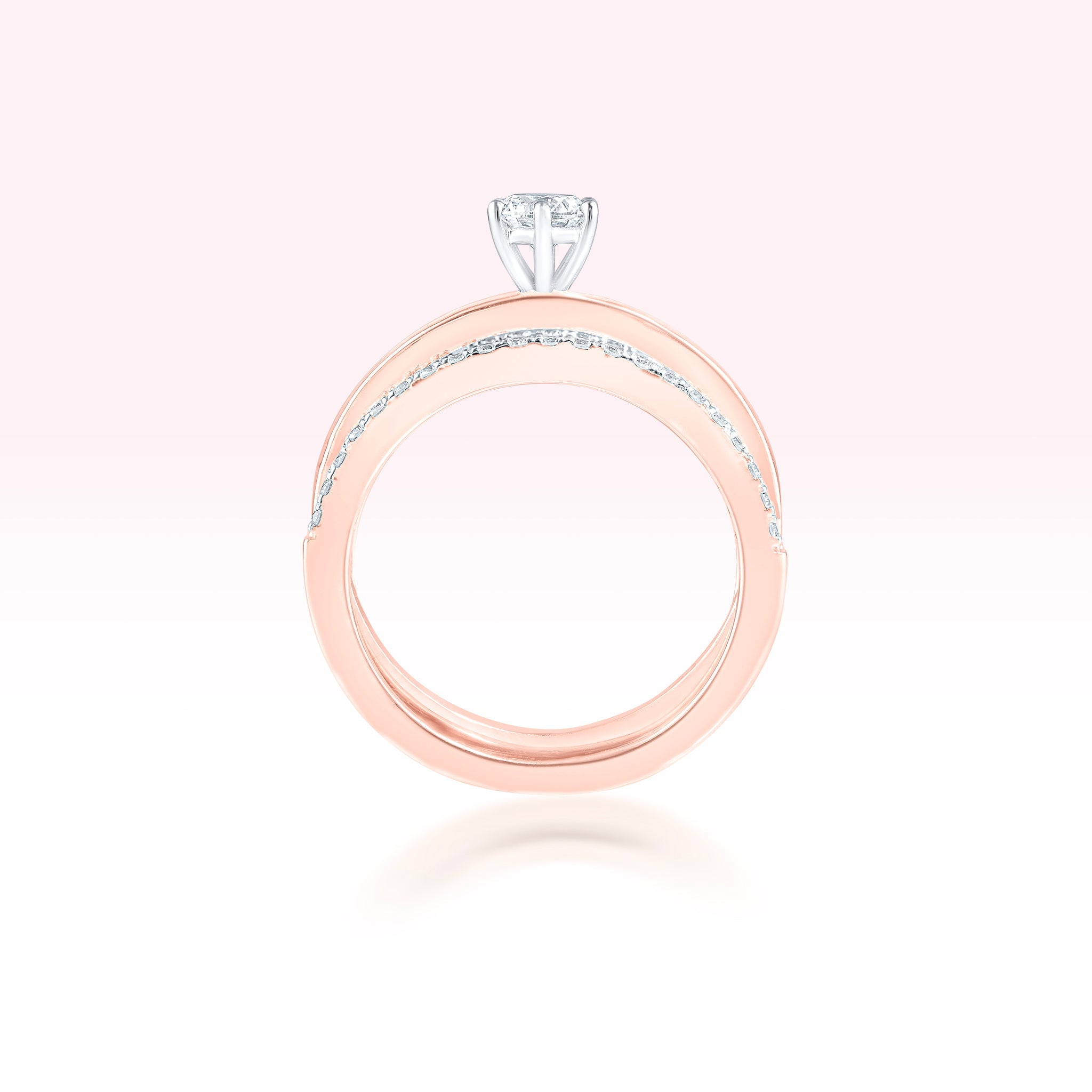 14K Rose Gold Two Line Diamond Band Solitaire Ring - Thessia
