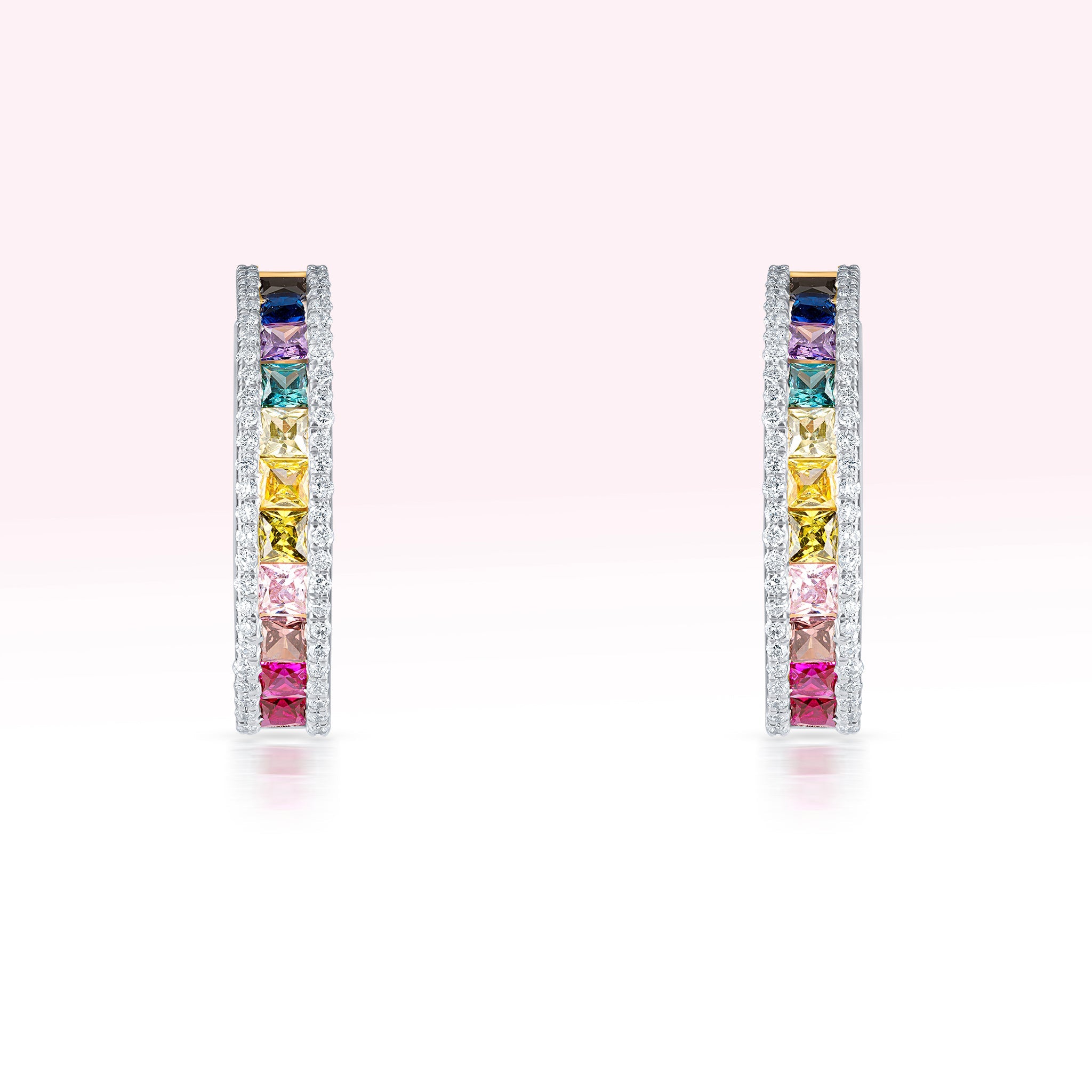 14K Yellow Gold Two Line Diamond Semi Precious Color Stone Hoop Earrings - Thessia