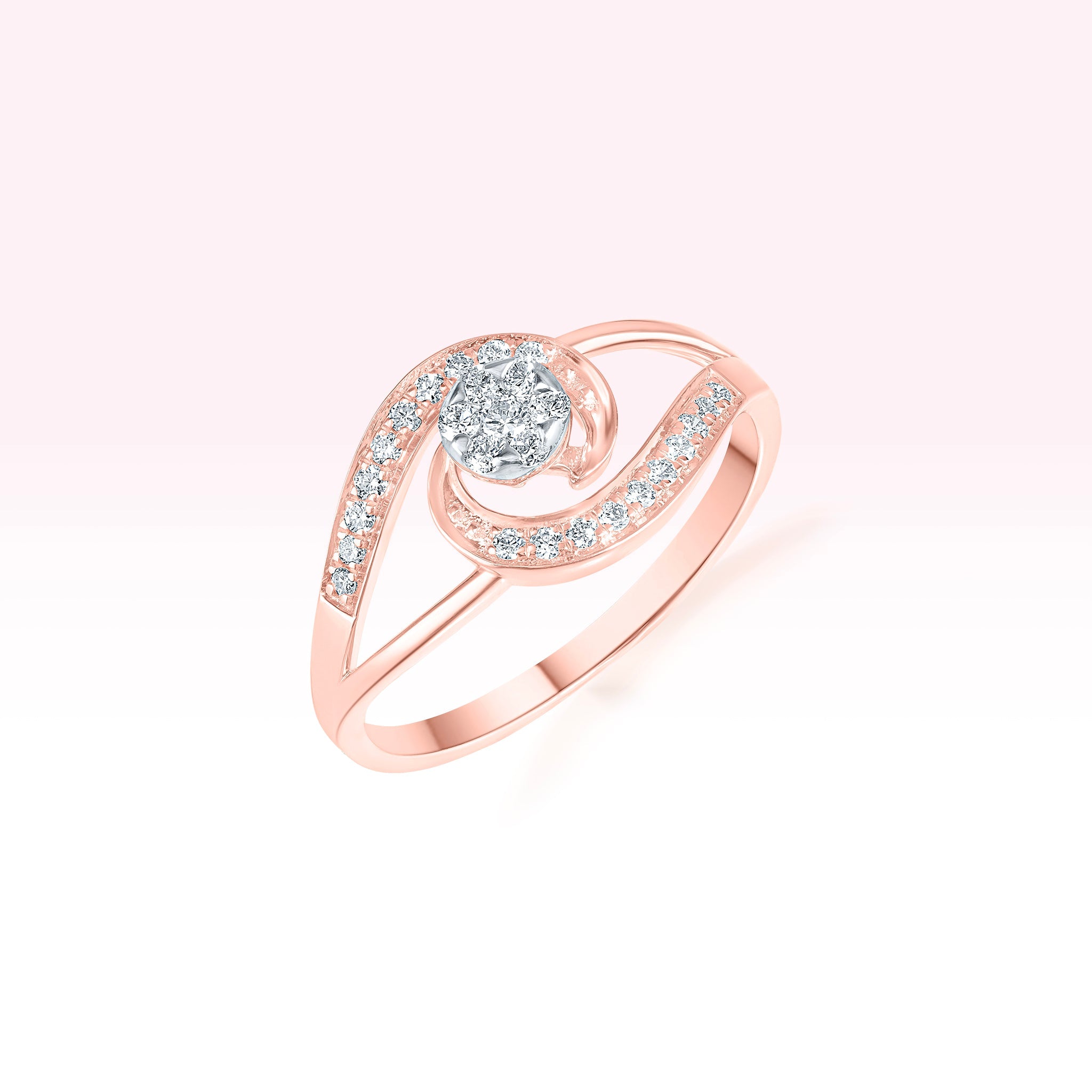14K Rose Gold Double Line Diamond Swirl Solitaire Ring - Thessia