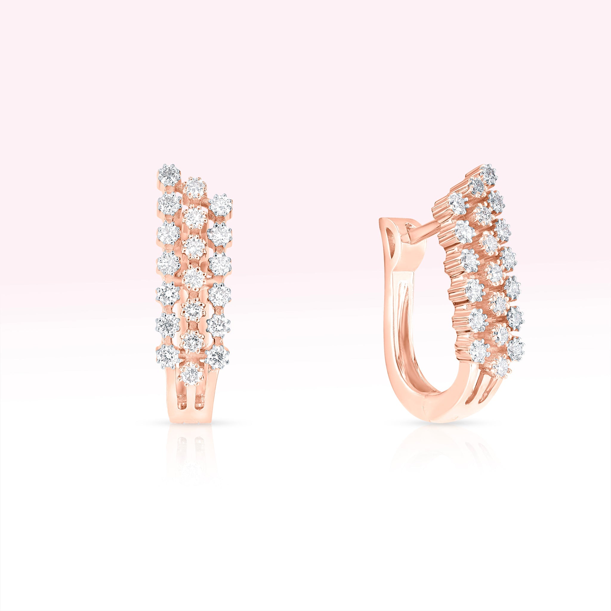 14K Rose Gold Three Line Diamond Hoop Earrings - Thessia