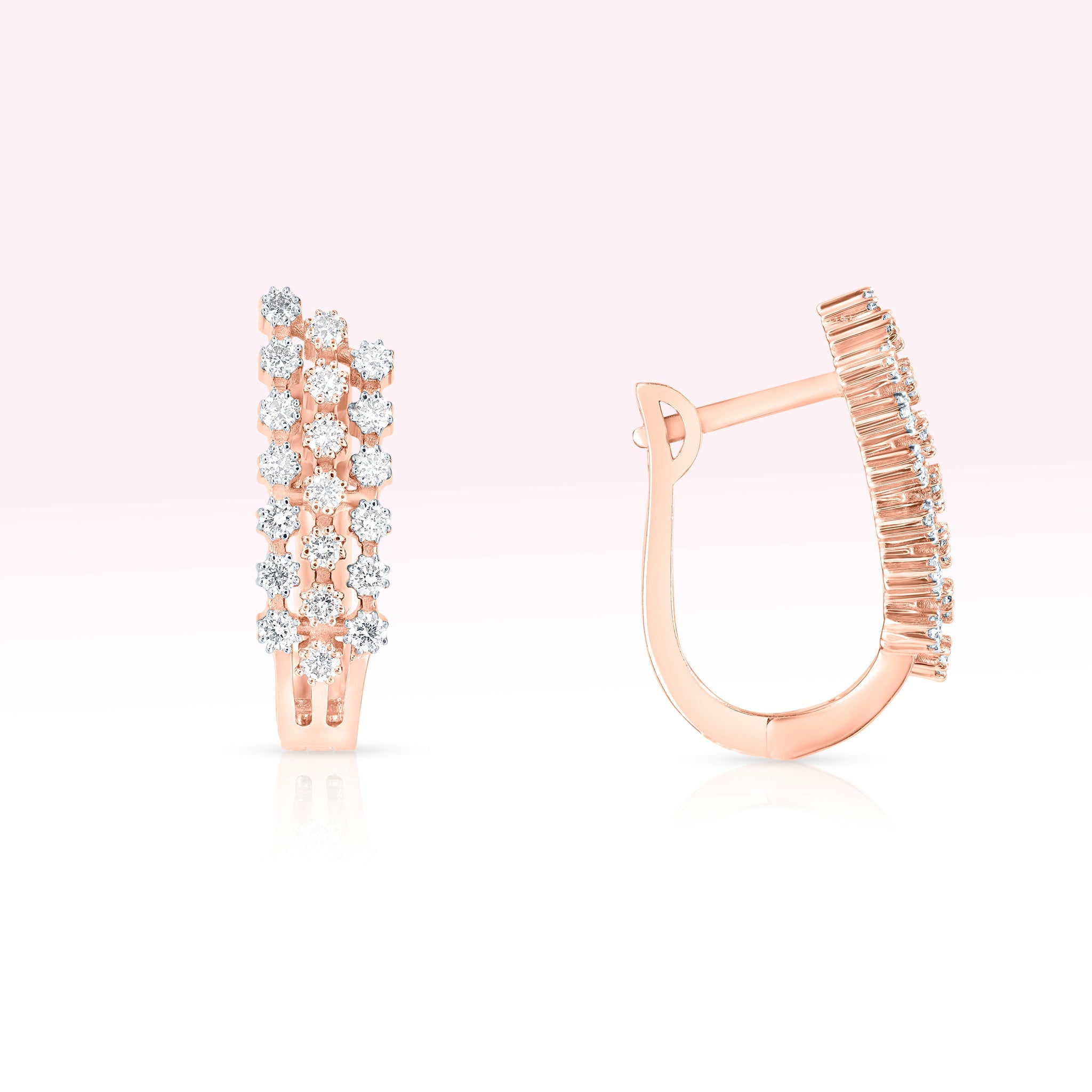 14K Rose Gold Three Line Diamond Hoop Earrings - Thessia