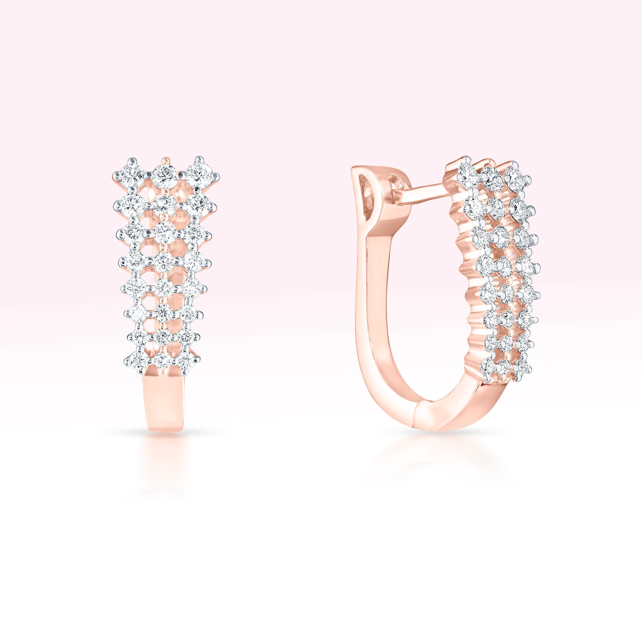 14K Rose Gold Three Line Diamond Hoop Earrings - Thessia