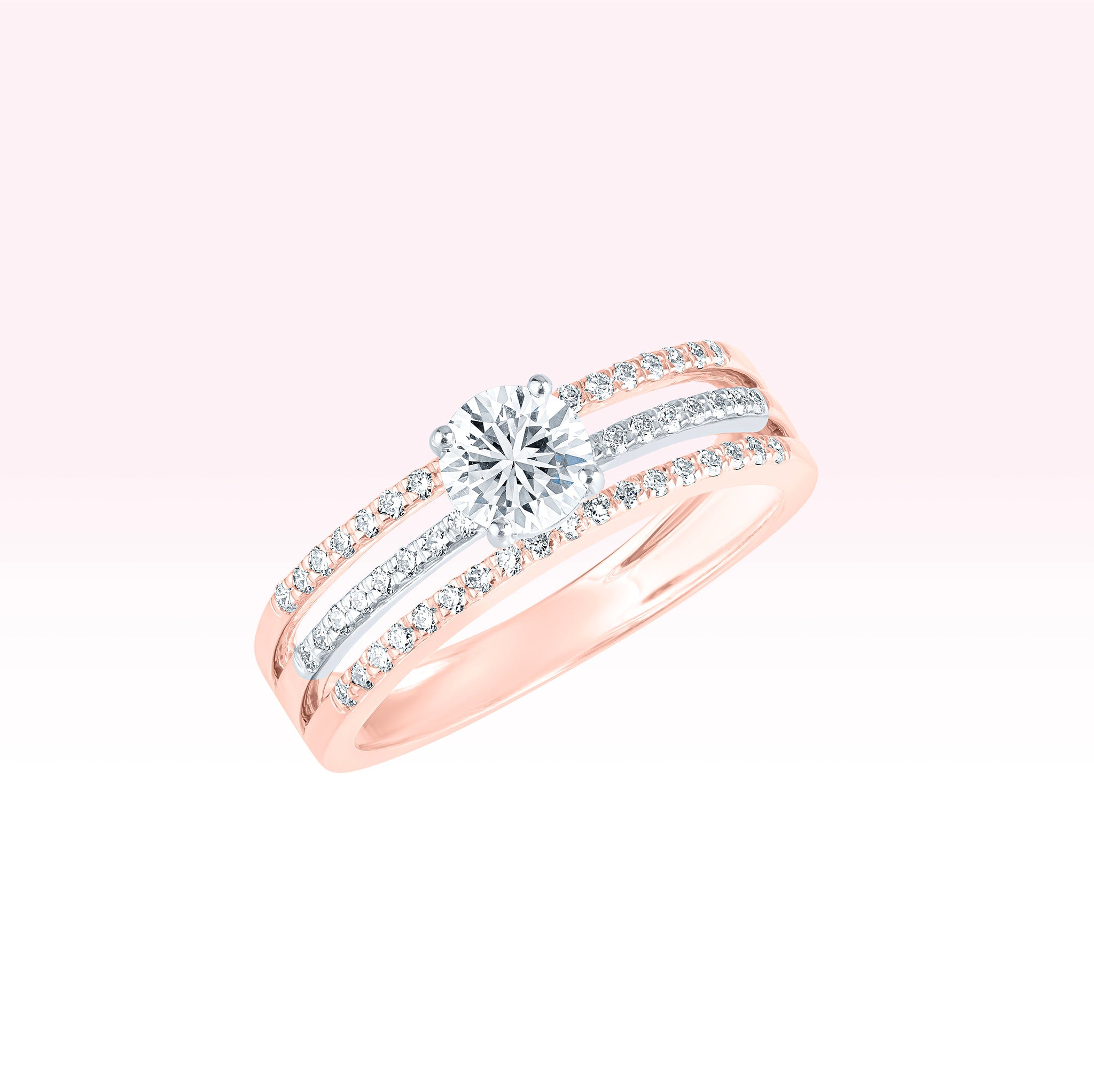 14K Rose Gold Three Line Diamond Solitaire Ring - Thessia