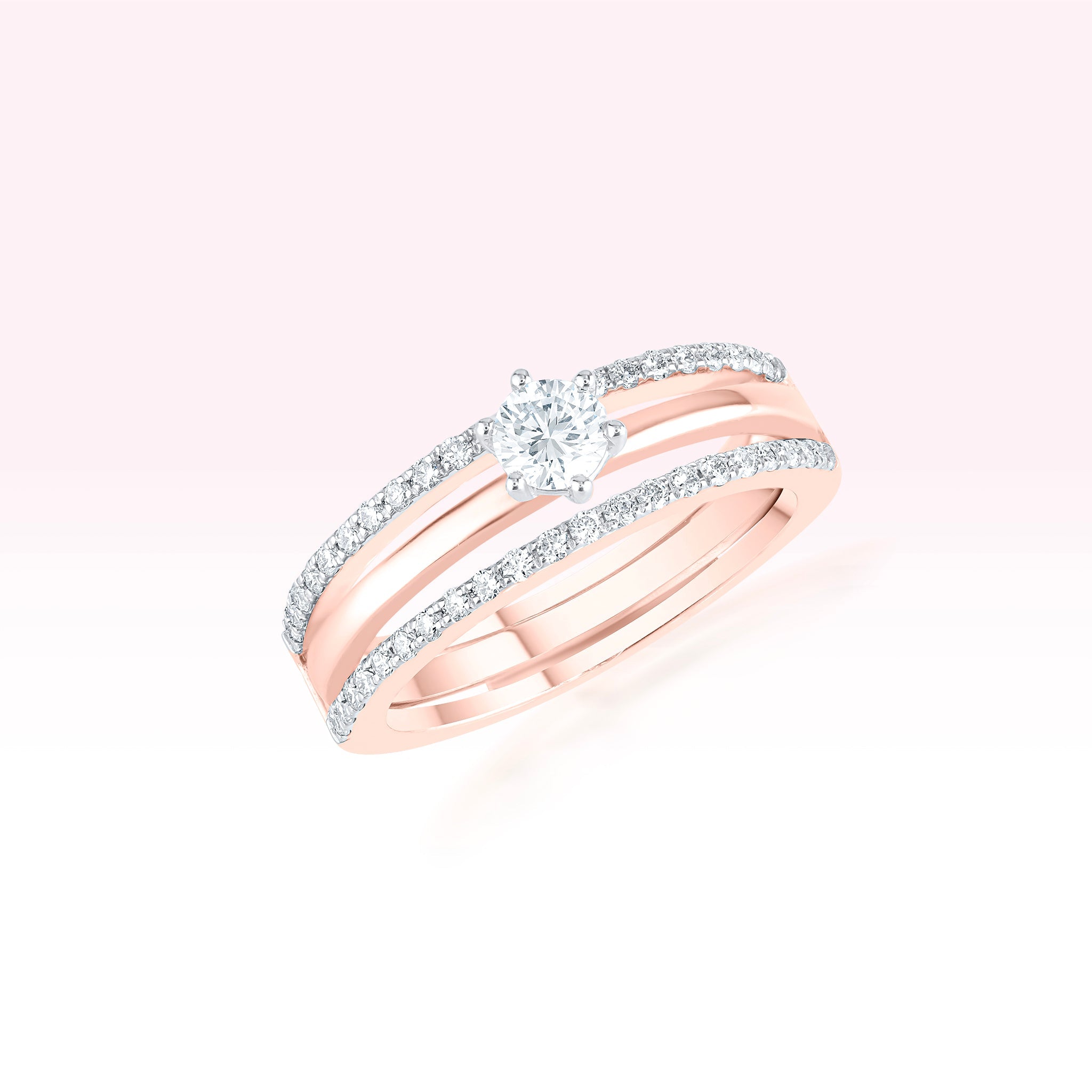 14K Rose Gold Two Line Diamond Band Solitaire Ring - Thessia