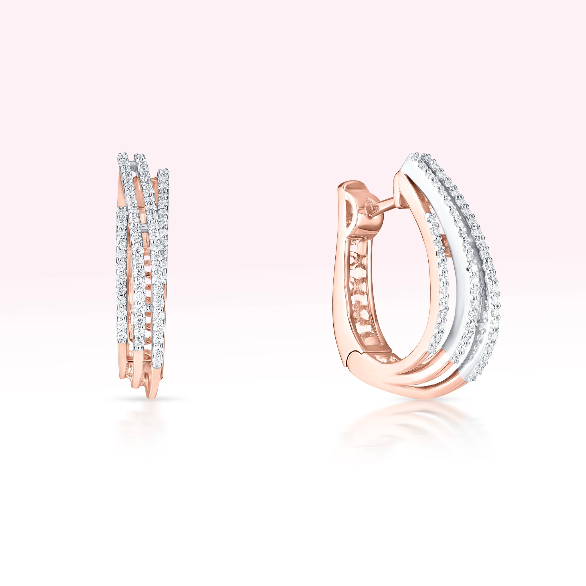 14K Rose Gold/ White Gold Four Line Diamond Hoop Earrings - Thessia