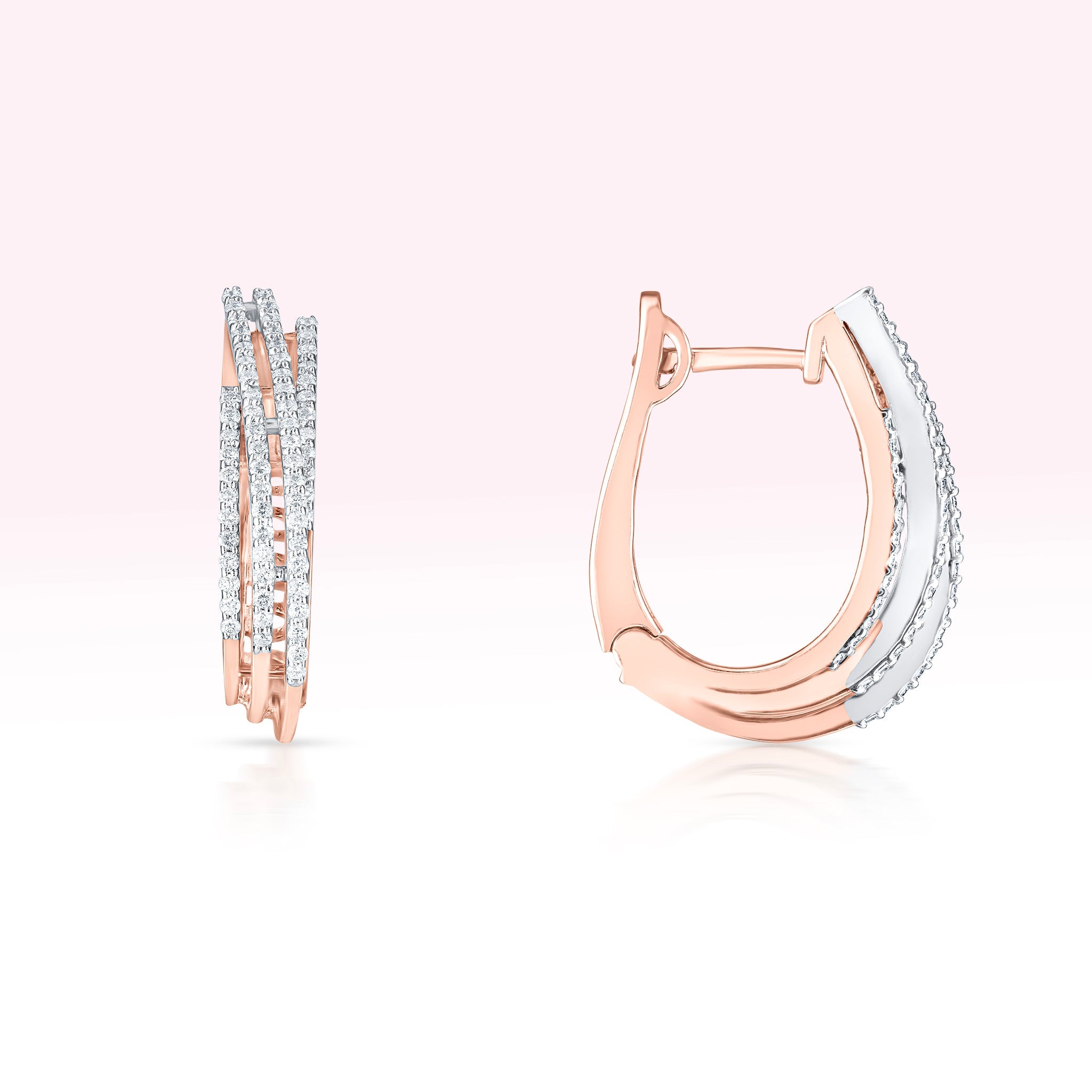 14K Rose Gold/ White Gold Four Line Diamond Hoop Earrings - Thessia