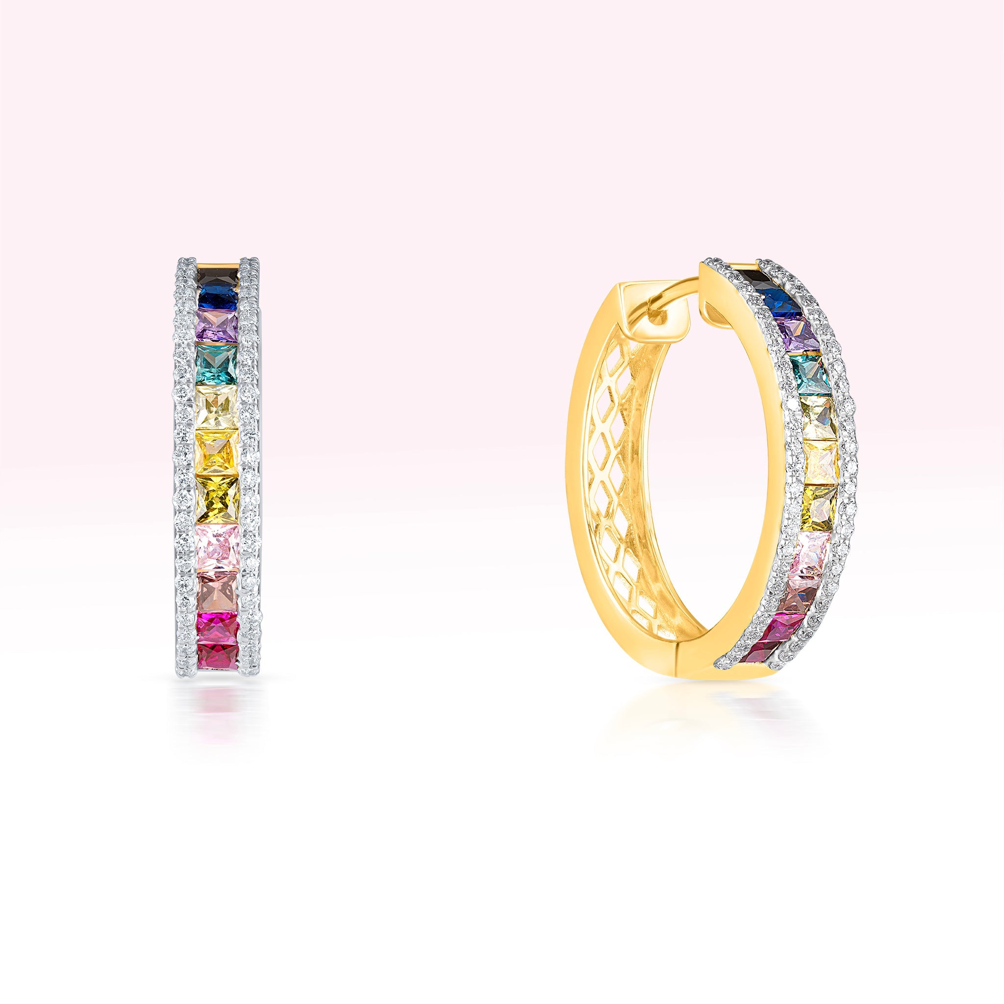 14K Yellow Gold Two Line Diamond Semi Precious Color Stone Hoop Earrings - Thessia