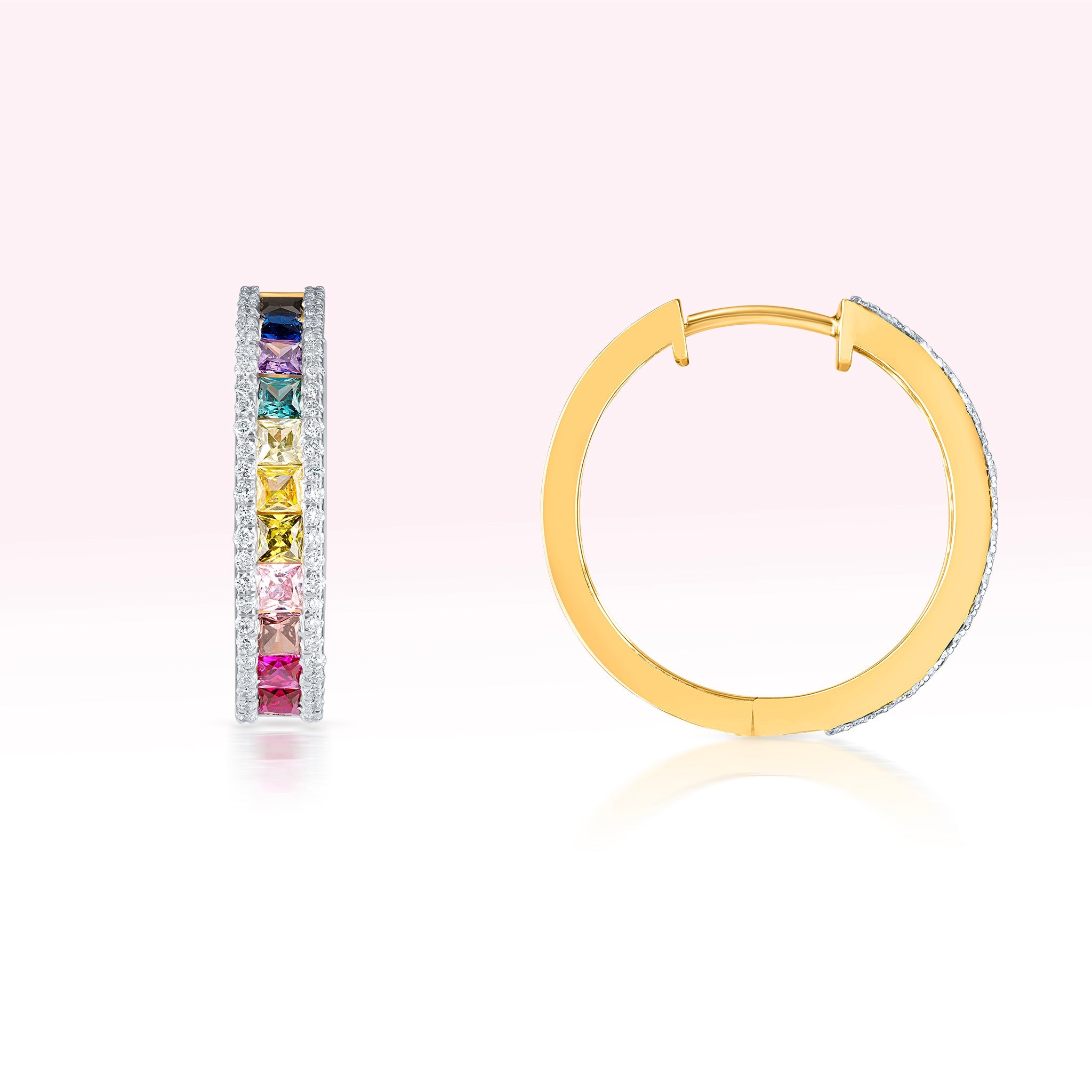 14K Yellow Gold Two Line Diamond Semi Precious Color Stone Hoop Earrings - Thessia